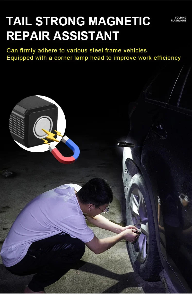 Luz de trabajo LED recargable por USB, linterna COB de 1000 lúmenes con indicador de capacidad de energía, linterna con mango para reparación de automóviles al aire libre