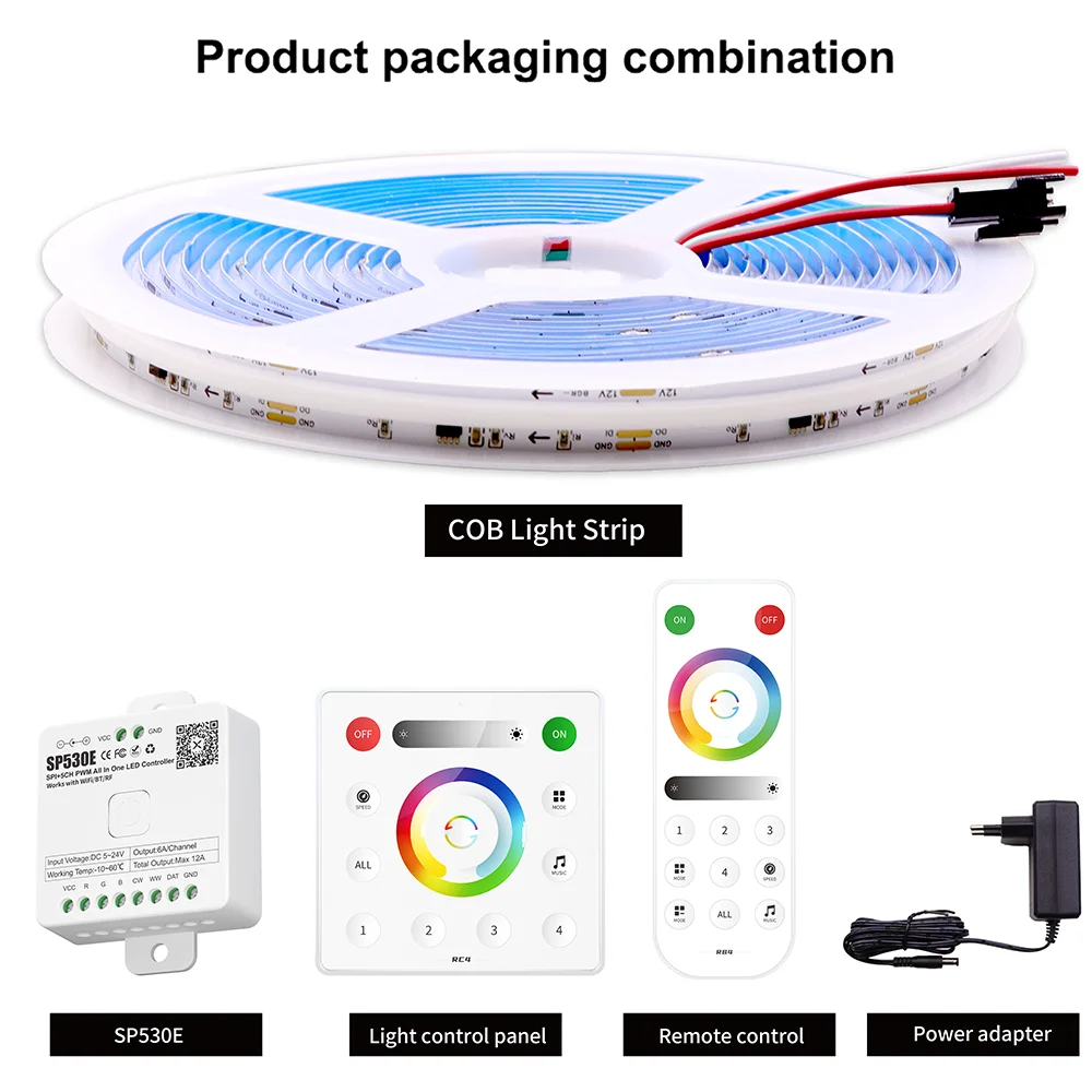 FCOB WS2811 tira de LED RGB COB direccionable 12v 24v 720LEDs/m SP530E 2,4 GHz controlador Bluetooth y control remoto RC3/RB3 1m2m3m4m5m conjuntos