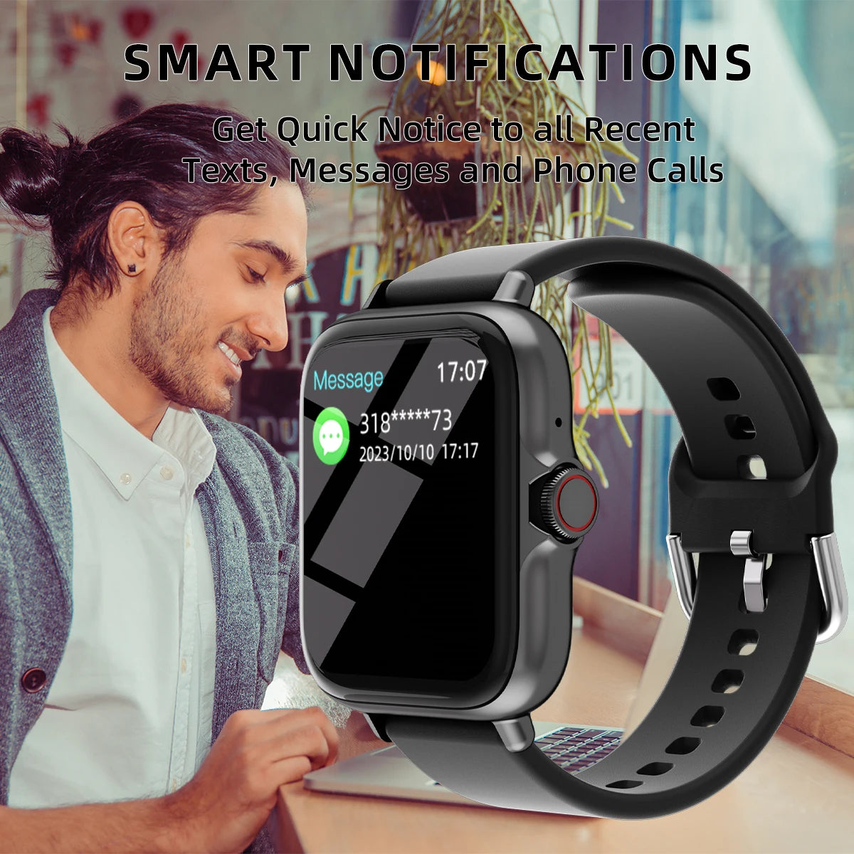 Reloj inteligente resistente al agua de 1,83 pulgadas con mensaje, respuesta a llamadas, monitoreo del sueño, podómetro deportivo, alertas de información para iPhone y Android