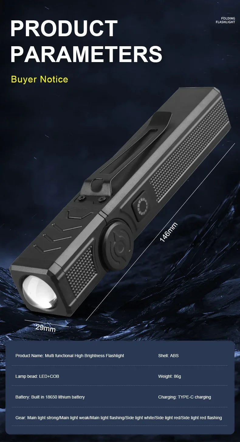 Luz de trabajo LED recargable por USB, linterna COB de 1000 lúmenes con indicador de capacidad de energía, linterna con mango para reparación de automóviles al aire libre