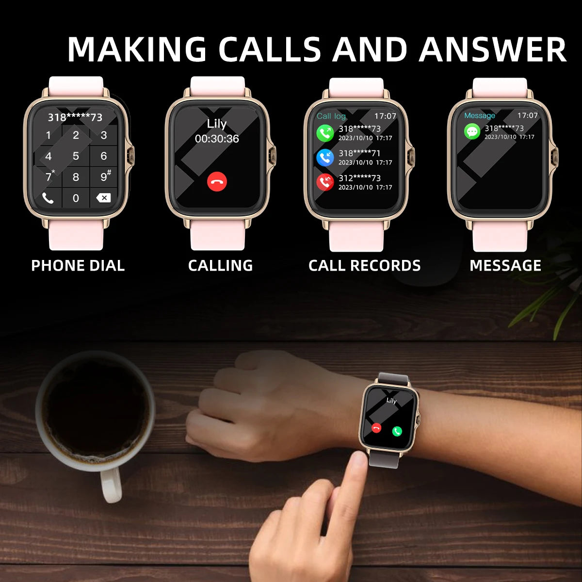 Reloj inteligente resistente al agua de 1,83 pulgadas con mensaje, respuesta a llamadas, monitoreo del sueño, podómetro deportivo, alertas de información para iPhone y Android