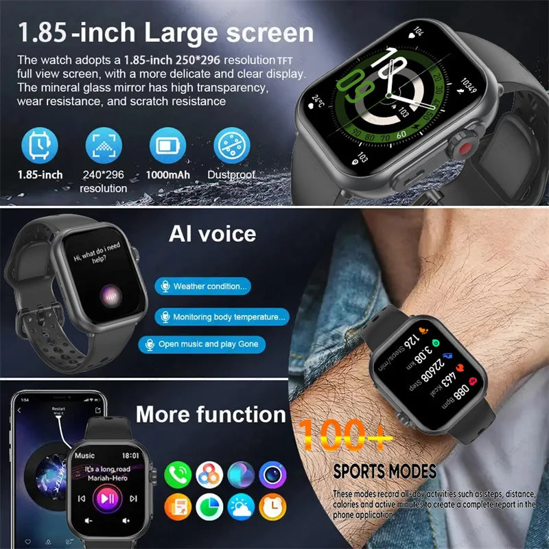 Reloj Inteligente Ultra 2 1000 mAh reloj inteligente hombres mujeres 1,85 pulgadas HD pantalla completamente táctil IP68 impermeable Bluetooth llamada Smartwatch
