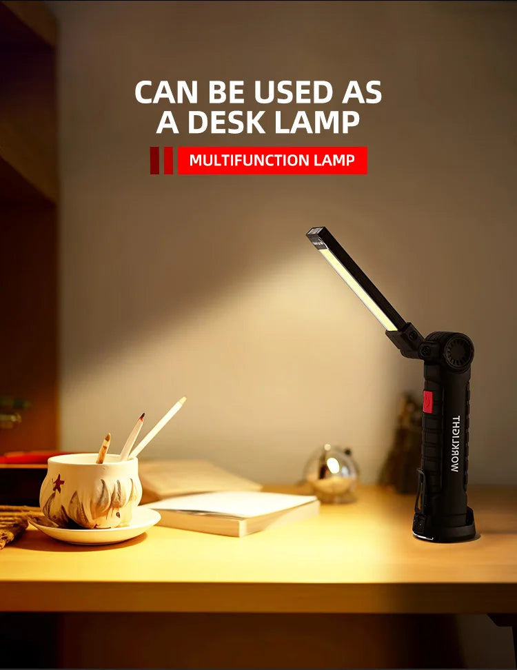 Linterna LED recargable por USB para acampar, luz de trabajo con imán y gancho, modo de iluminación impermeable, adecuada para trabajo nocturno