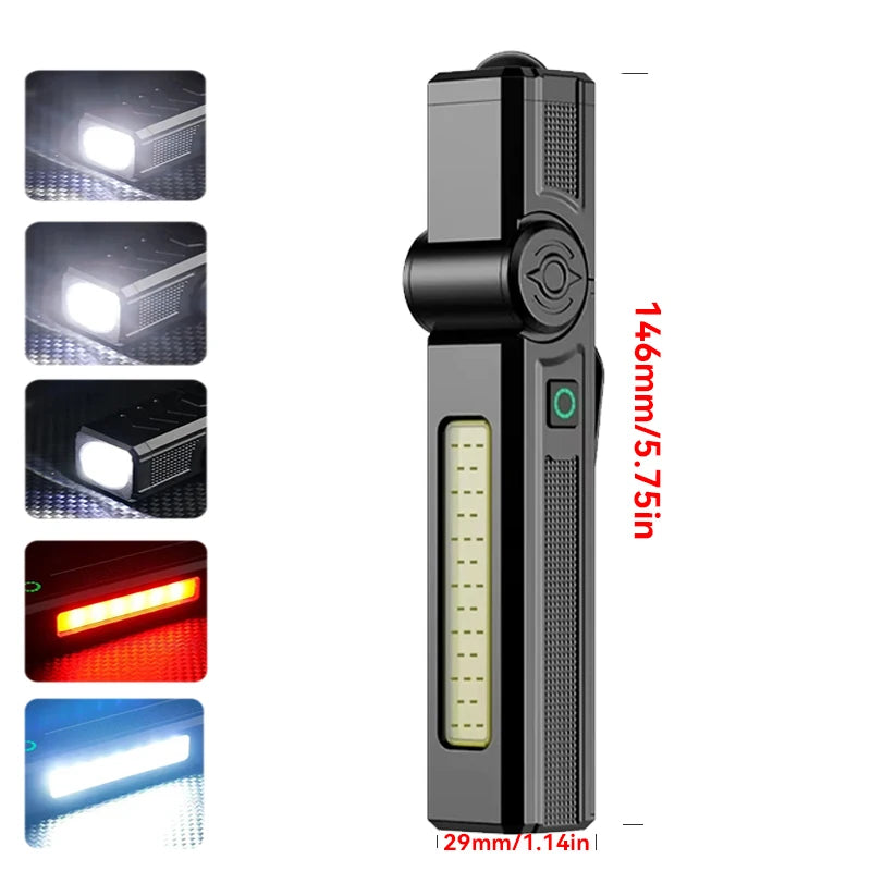 Luz de trabajo LED recargable por USB, linterna COB de 1000 lúmenes con indicador de capacidad de energía, linterna con mango para reparación de automóviles al aire libre