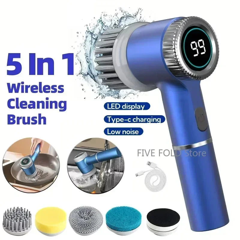 Cepillo de limpieza eléctrica multifuncional para cocina, baño, inodoro, cepillo de limpieza potente portátil, 5 cabezales, pantalla LED