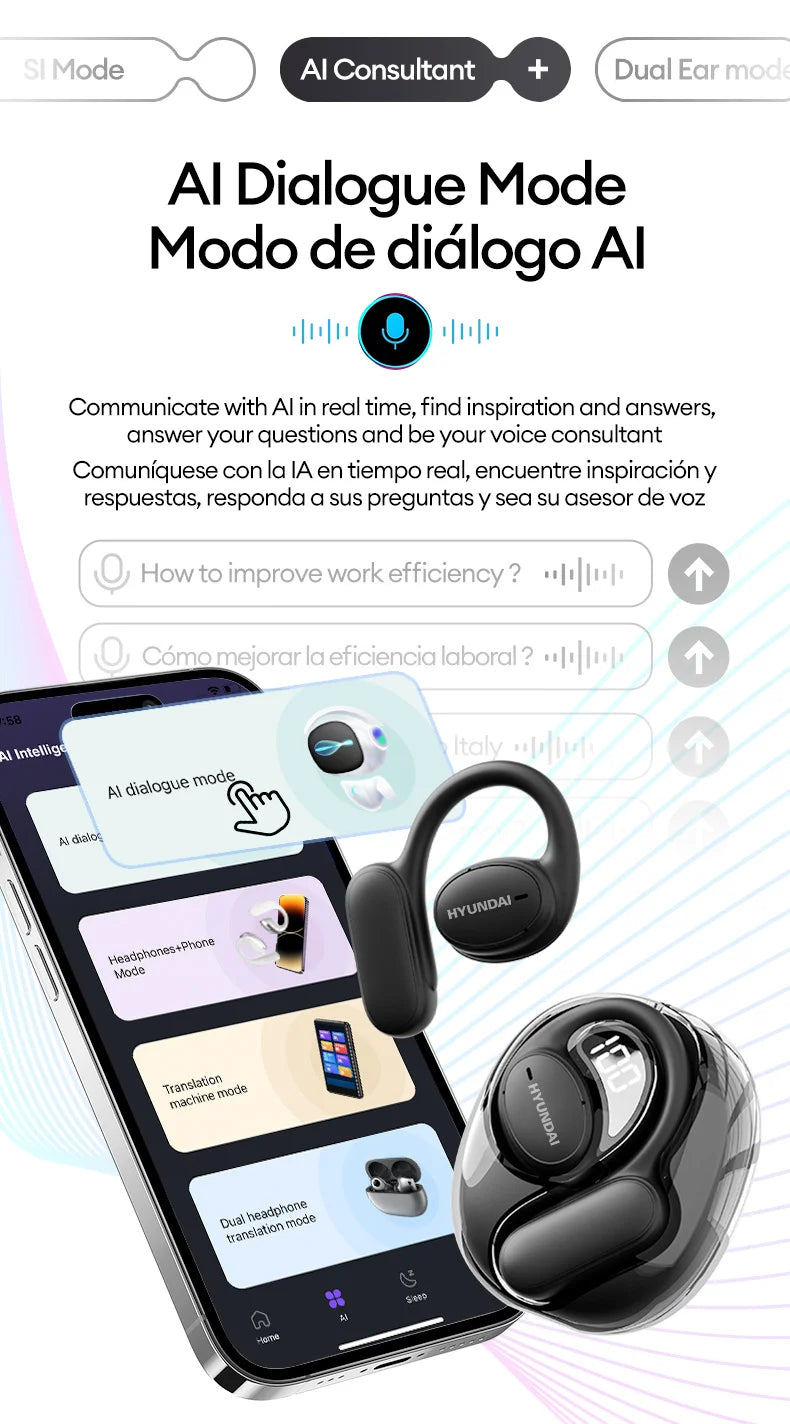 Choice HYUNDAI Openair5 AI auriculares de traducción Bluetooth tipo oreja colgante AI inteligente más de 100 idiomas reunión auricular regalo