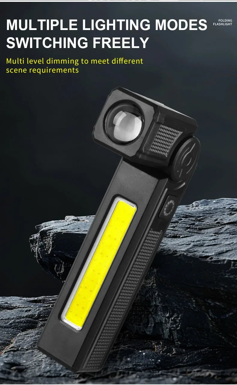 Luz de trabajo LED recargable por USB, linterna COB de 1000 lúmenes con indicador de capacidad de energía, linterna con mango para reparación de automóviles al aire libre