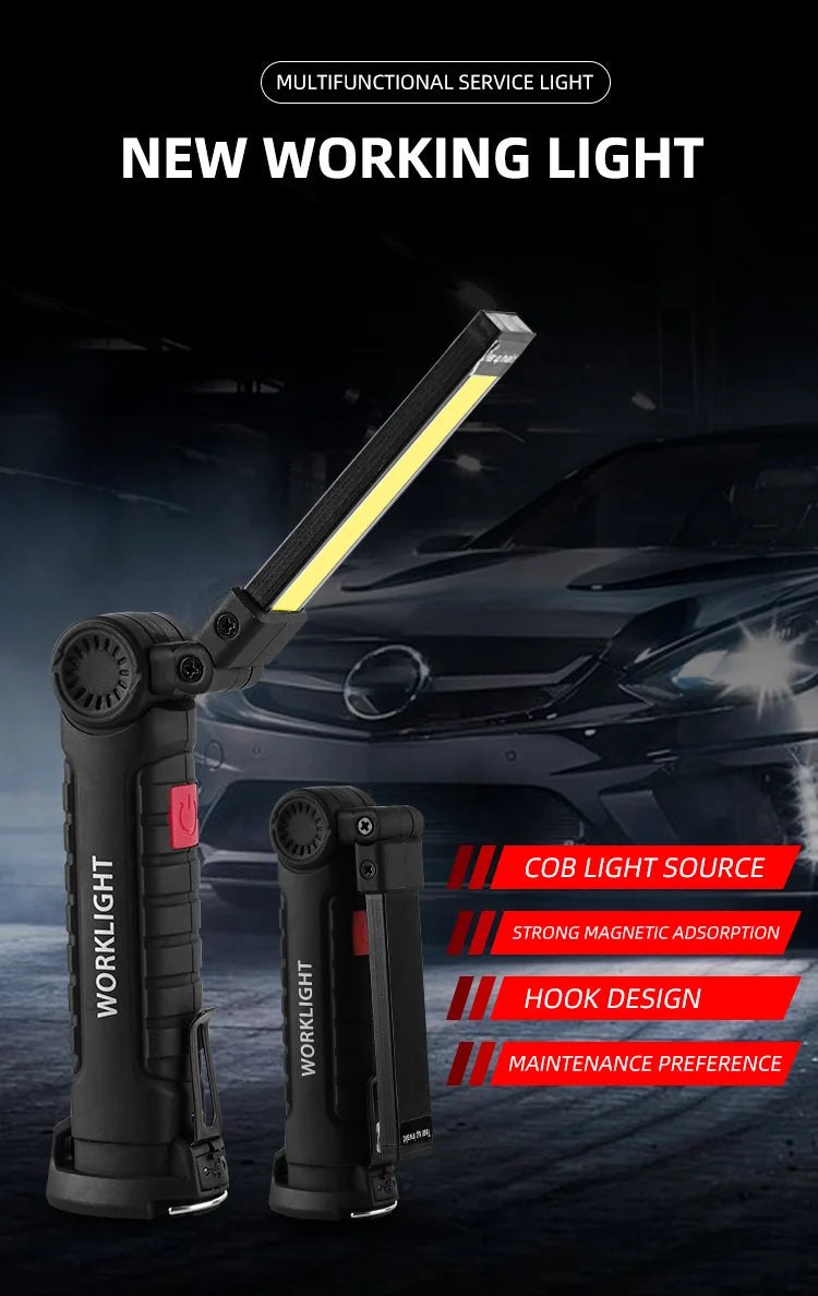 Linterna LED recargable por USB para acampar, luz de trabajo con imán y gancho, modo de iluminación impermeable, adecuada para trabajo nocturno