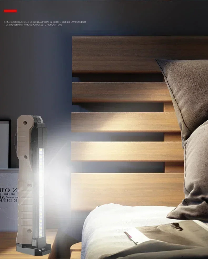 Luz de trabajo LED recargable por USB, linterna COB de 1000 lúmenes con indicador de capacidad de energía, linterna con mango para reparación de automóviles al aire libre