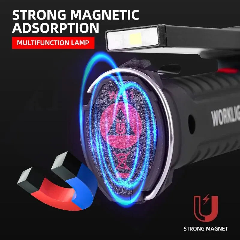 Linterna LED recargable por USB para acampar, luz de trabajo con imán y gancho, modo de iluminación impermeable, adecuada para trabajo nocturno