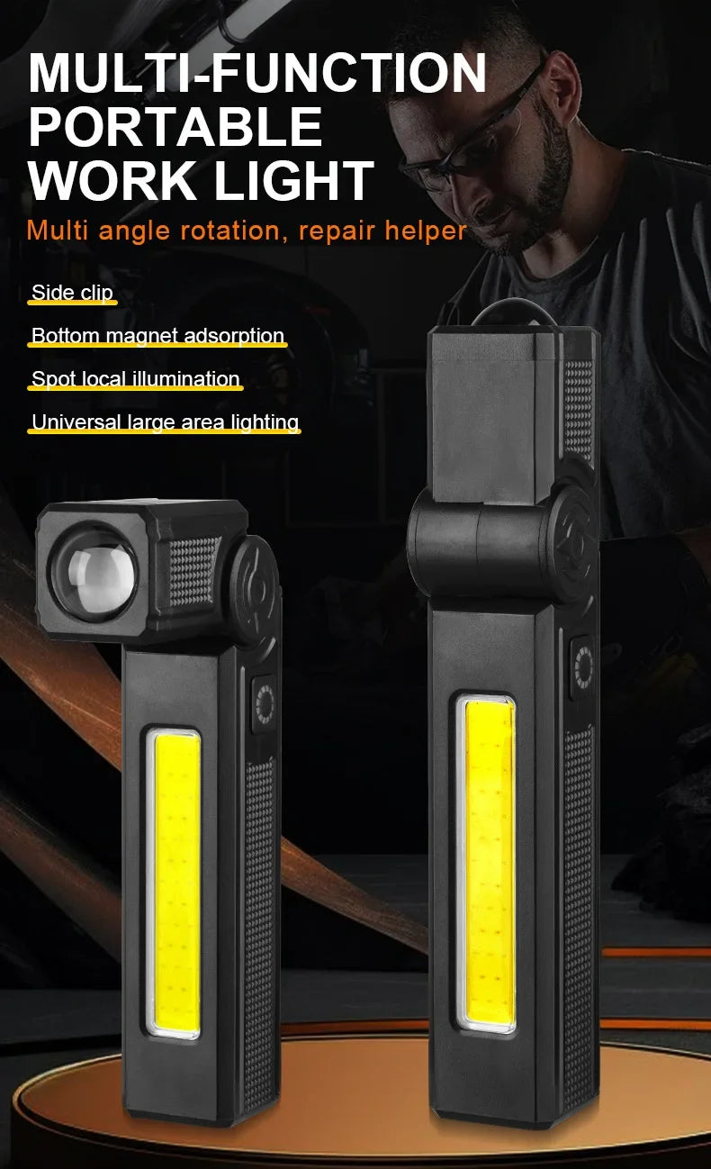 Luz de trabajo LED recargable por USB, linterna COB de 1000 lúmenes con indicador de capacidad de energía, linterna con mango para reparación de automóviles al aire libre