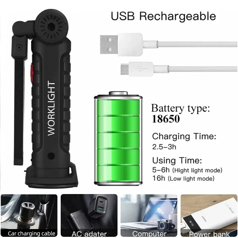 Linterna LED recargable por USB para acampar, luz de trabajo con imán y gancho, modo de iluminación impermeable, adecuada para trabajo nocturno