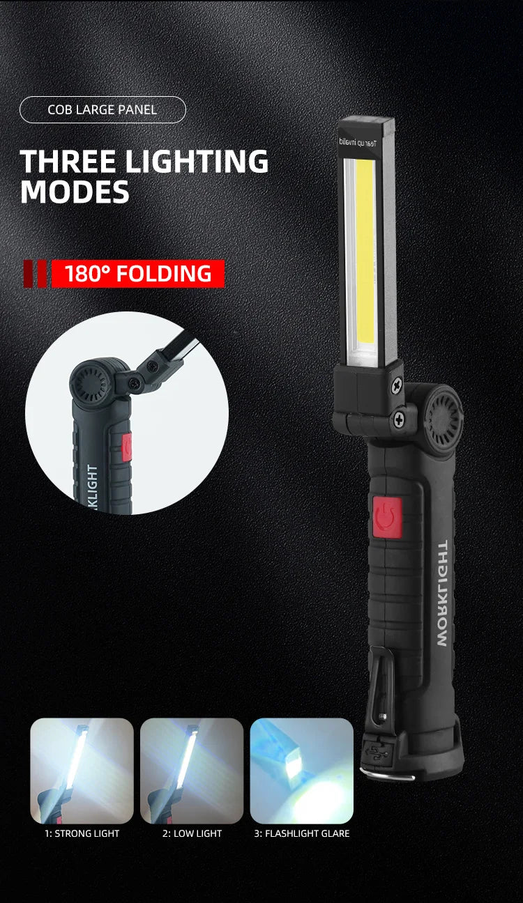 Linterna LED recargable por USB para acampar, luz de trabajo con imán y gancho, modo de iluminación impermeable, adecuada para trabajo nocturno