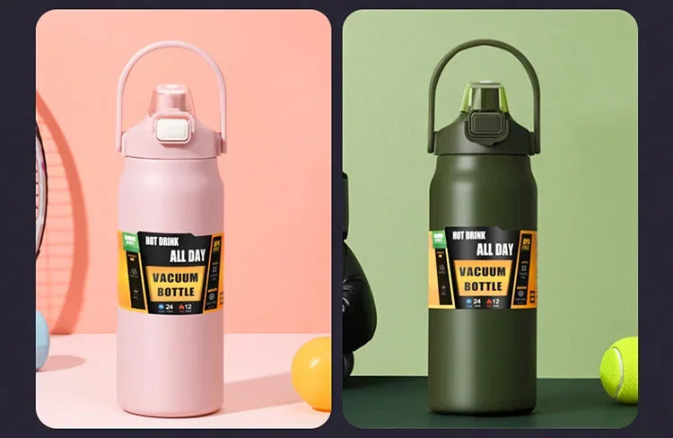 Termo portátil para exteriores, taza térmica de acero inoxidable 304, frascos de vacío, botella de agua deportiva fría y caliente con pajita