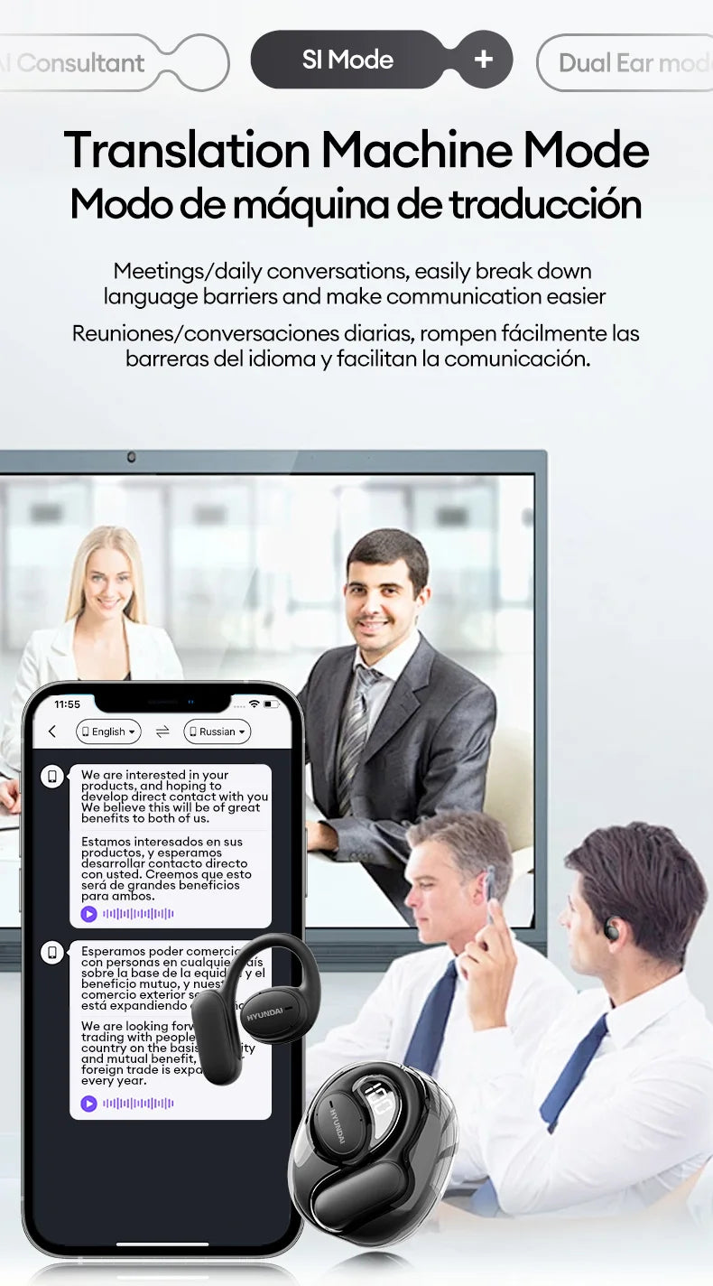 Choice HYUNDAI Openair5 AI auriculares de traducción Bluetooth tipo oreja colgante AI inteligente más de 100 idiomas reunión auricular regalo