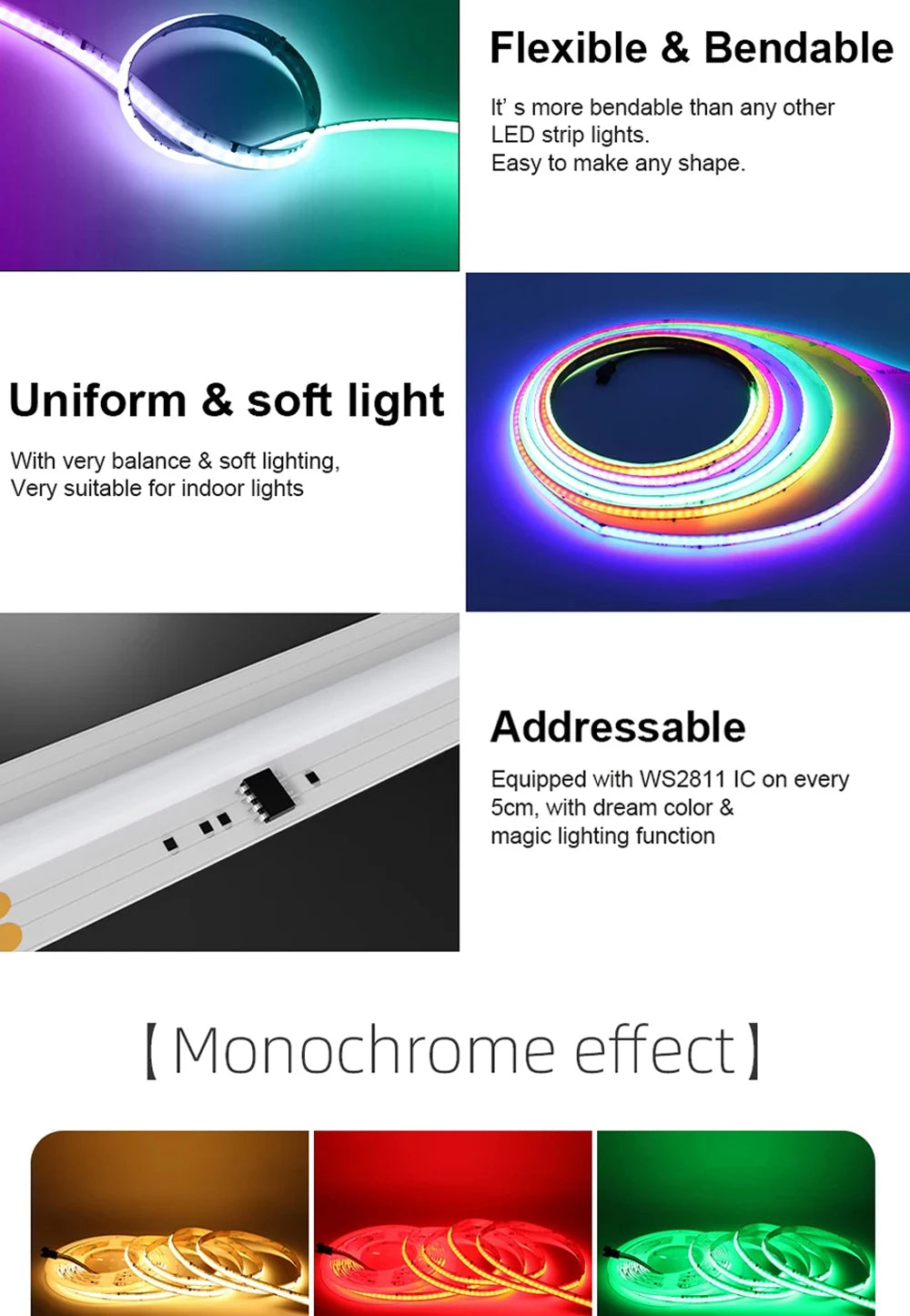 FCOB WS2811 tira de LED RGB COB direccionable 12v 24v 720LEDs/m SP530E 2,4 GHz controlador Bluetooth y control remoto RC3/RB3 1m2m3m4m5m conjuntos