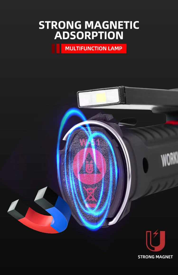 Linterna LED recargable por USB para acampar, luz de trabajo con imán y gancho, modo de iluminación impermeable, adecuada para trabajo nocturno