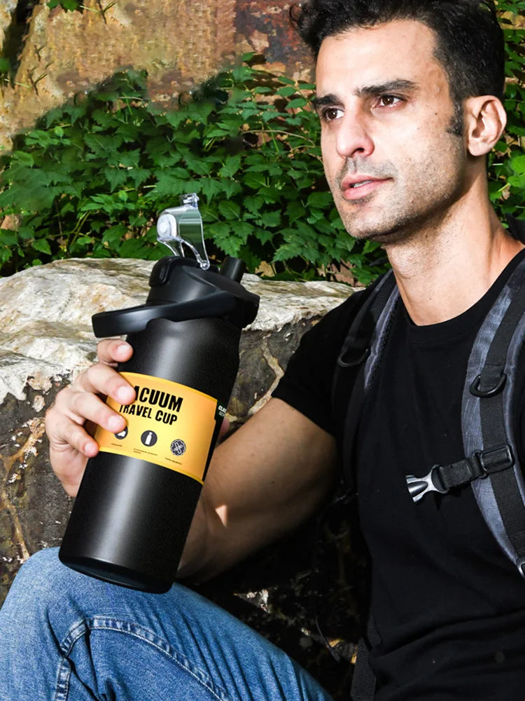 Termo portátil para exteriores, taza térmica de acero inoxidable 304, frascos de vacío, botella de agua deportiva fría y caliente con pajita
