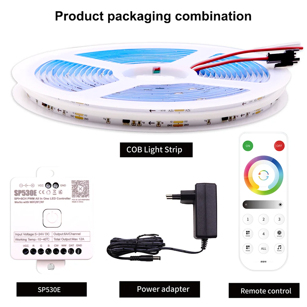 FCOB WS2811 tira de LED RGB COB direccionable 12v 24v 720LEDs/m SP530E 2,4 GHz controlador Bluetooth y control remoto RC3/RB3 1m2m3m4m5m conjuntos