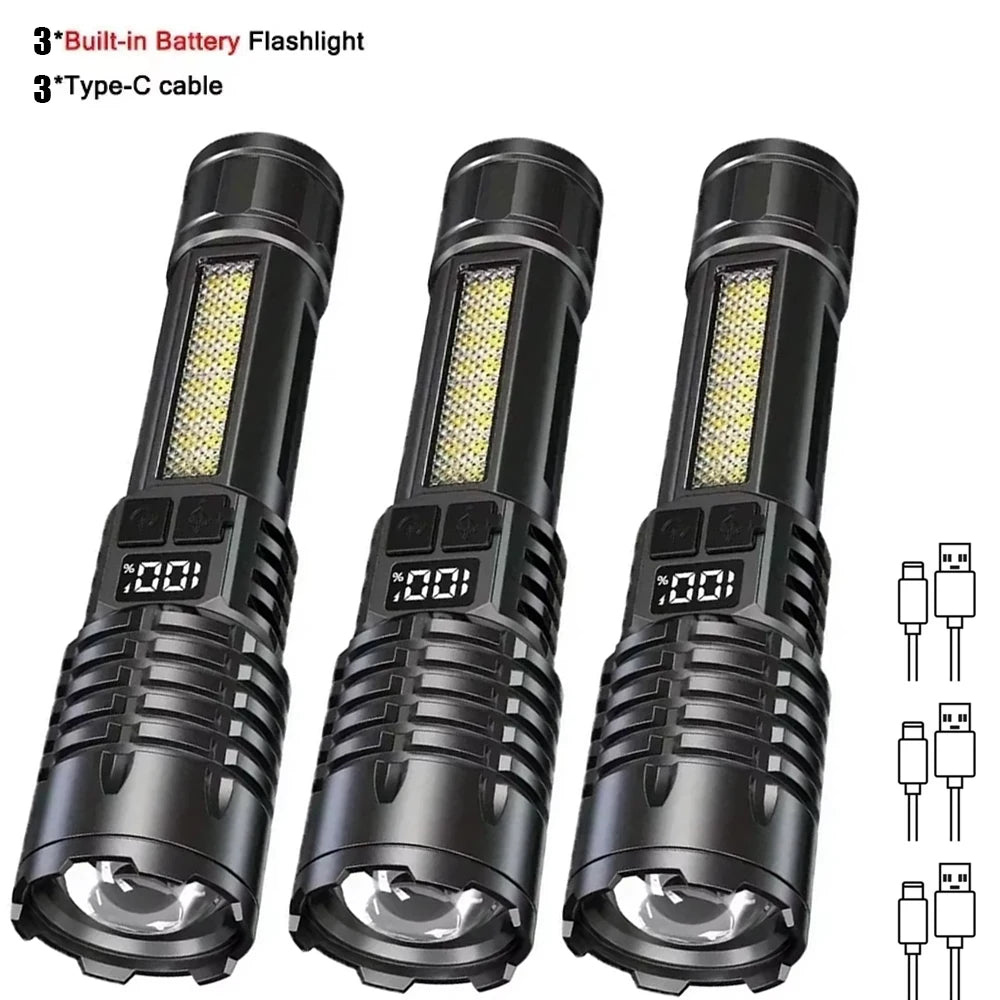 Linterna LED de alta potencia potente linterna COB recargable de TYPE-C con antorcha de luz lateral para acampar al aire libre senderismo