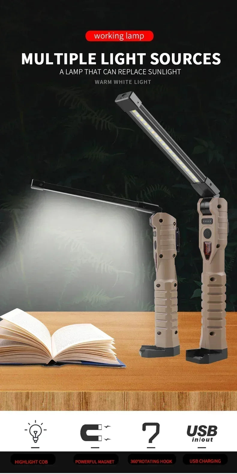 Luz de trabajo LED recargable por USB, linterna COB de 1000 lúmenes con indicador de capacidad de energía, linterna con mango para reparación de automóviles al aire libre