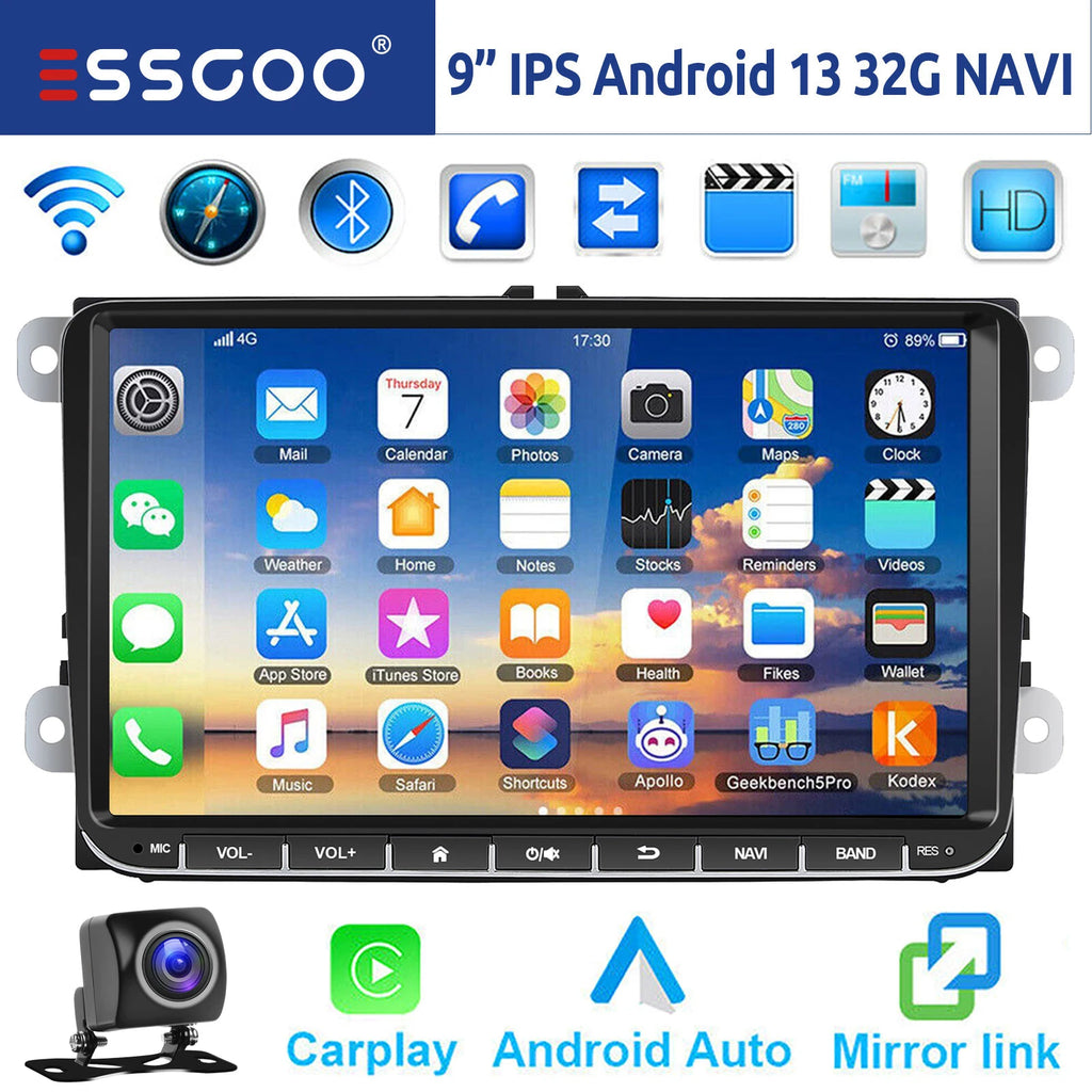 ESSGOO 9" Android 14 4G+64G Wireless Carplay Estéreo para Coche GPS NAVI WIFI RDS FM BT para VW Golf 5 6 Passat B6 B7 Polo 6R Touran Tiguan Caddy EOS Jetta T5 Seat Skoda