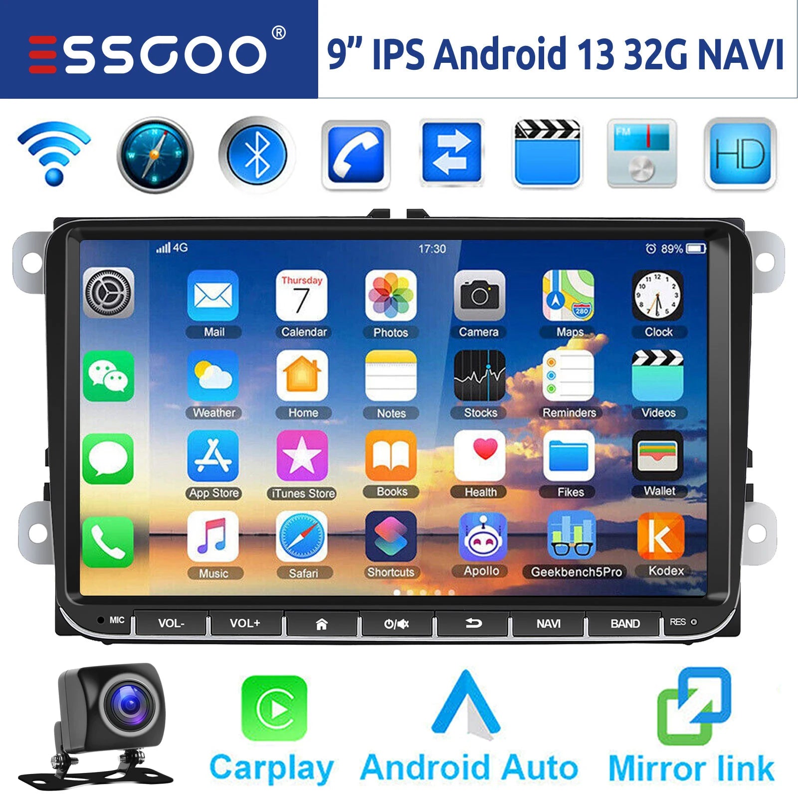 ESSGOO 9" Android 14 4G+64G Wireless Carplay Estéreo para Coche GPS NAVI WIFI RDS FM BT para VW Golf 5 6 Passat B6 B7 Polo 6R Touran Tiguan Caddy EOS Jetta T5 Seat Skoda