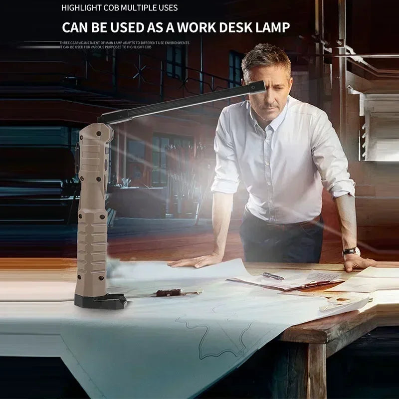 Luz de trabajo LED recargable por USB, linterna COB de 1000 lúmenes con indicador de capacidad de energía, linterna con mango para reparación de automóviles al aire libre