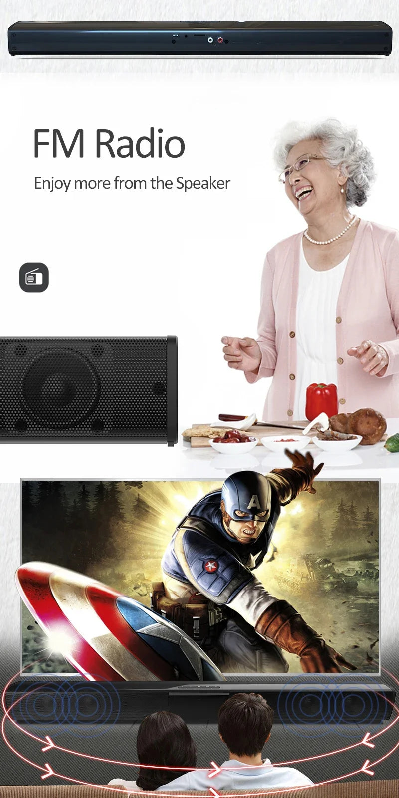 Barra de sonido súper potente, altavoz inalámbrico portátil con Bluetooth, estéreo envolvente, caja de sonido para TV en casa, Subwoofer, Radio FM, caixa de som