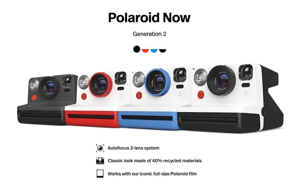 Polaroid Now + cámara controlada por aplicación, película instantánea Tipo I de segunda generación, Bluetooth conectado