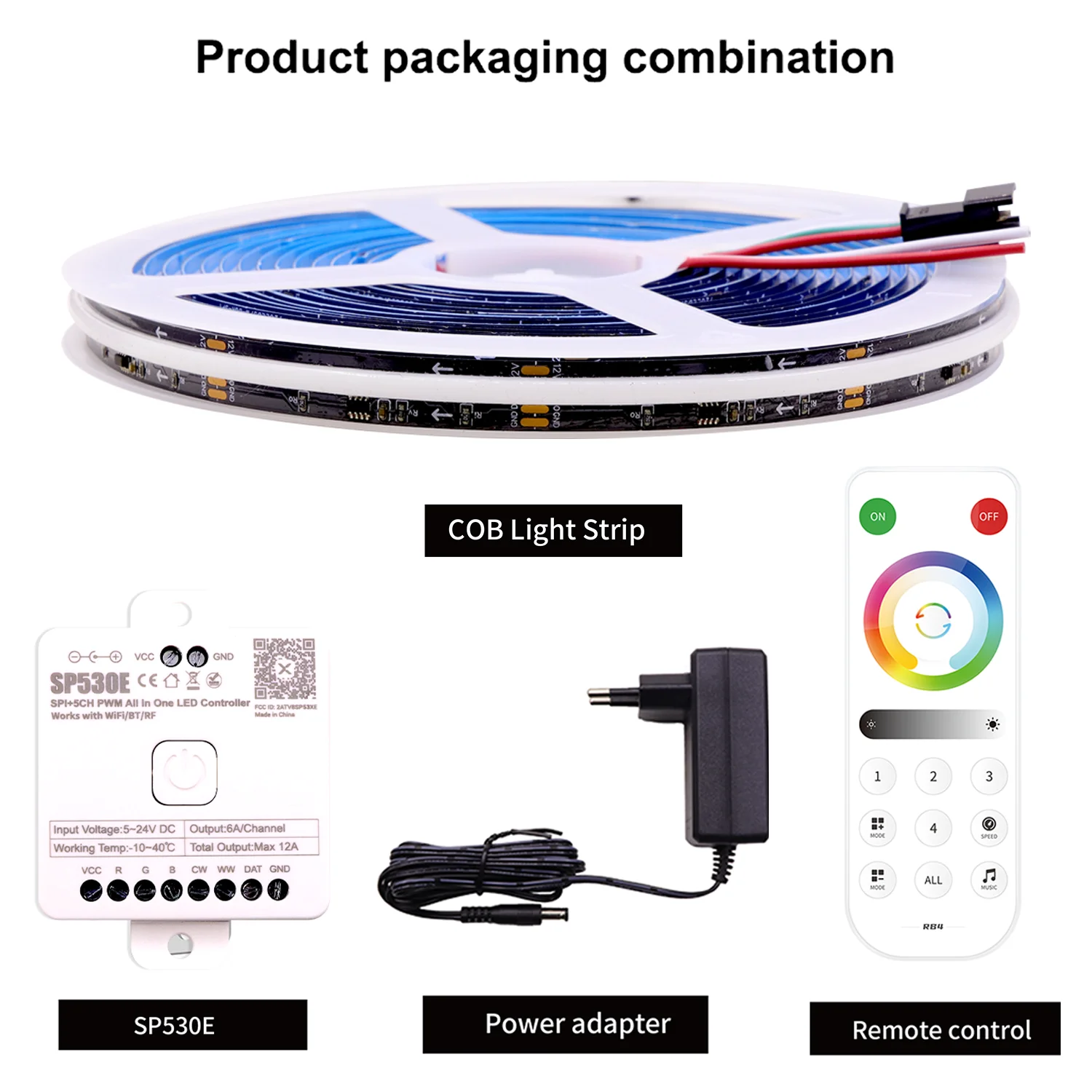 FCOB WS2811 tira de LED RGB COB direccionable 12v 24v 720LEDs/m SP530E 2,4 GHz controlador Bluetooth y control remoto RC3/RB3 1m2m3m4m5m conjuntos