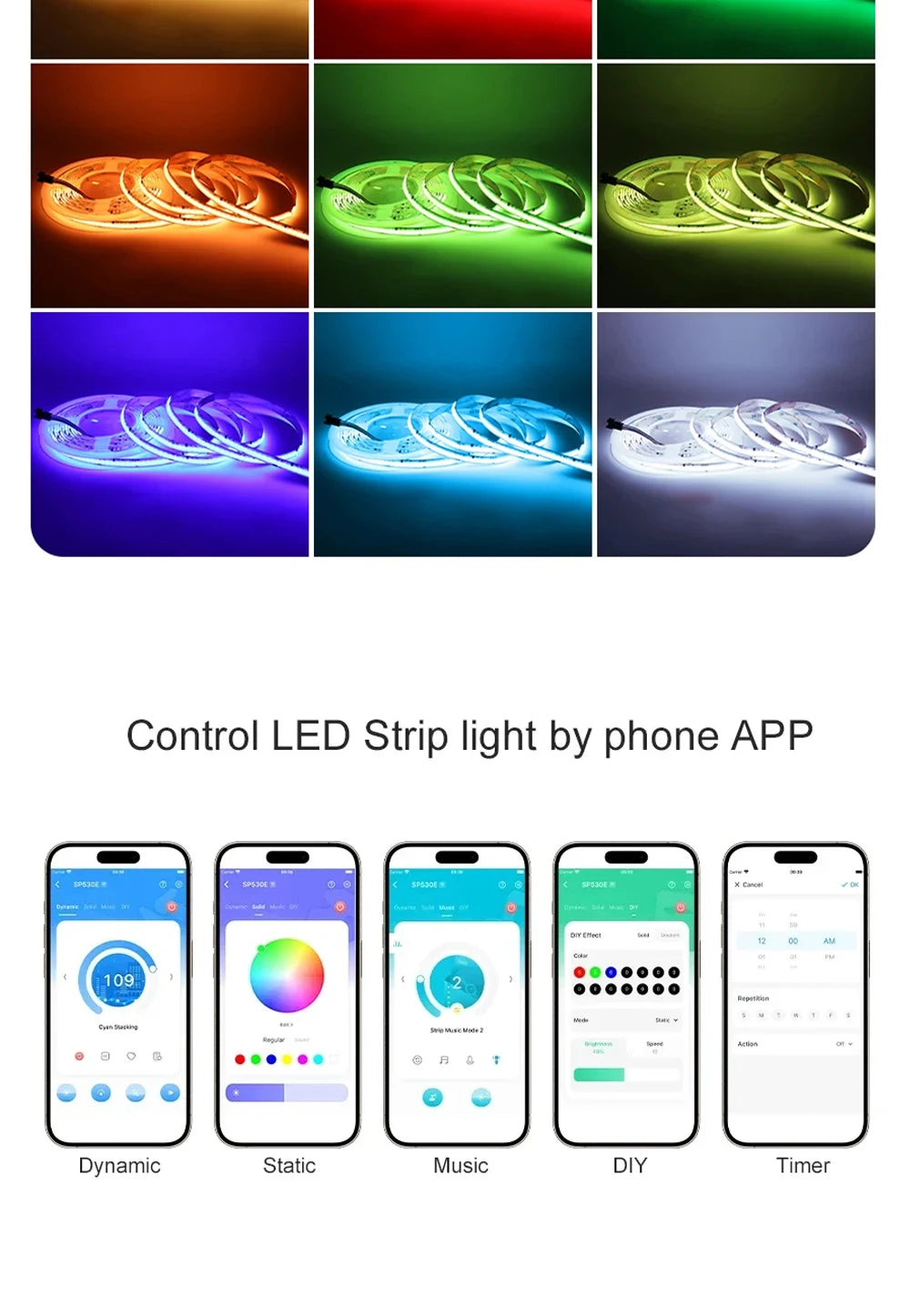 FCOB WS2811 tira de LED RGB COB direccionable 12v 24v 720LEDs/m SP530E 2,4 GHz controlador Bluetooth y control remoto RC3/RB3 1m2m3m4m5m conjuntos