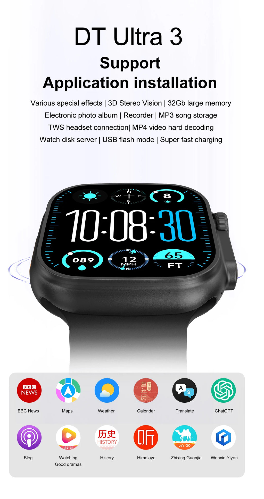 DT Ultra 3 Smartwatch pantalla Amoled 4GB reproductor MP3 MP4 Bluetooth red compartido aplicación tienda ChatGPT reloj inteligente AI hombre Sportwatch