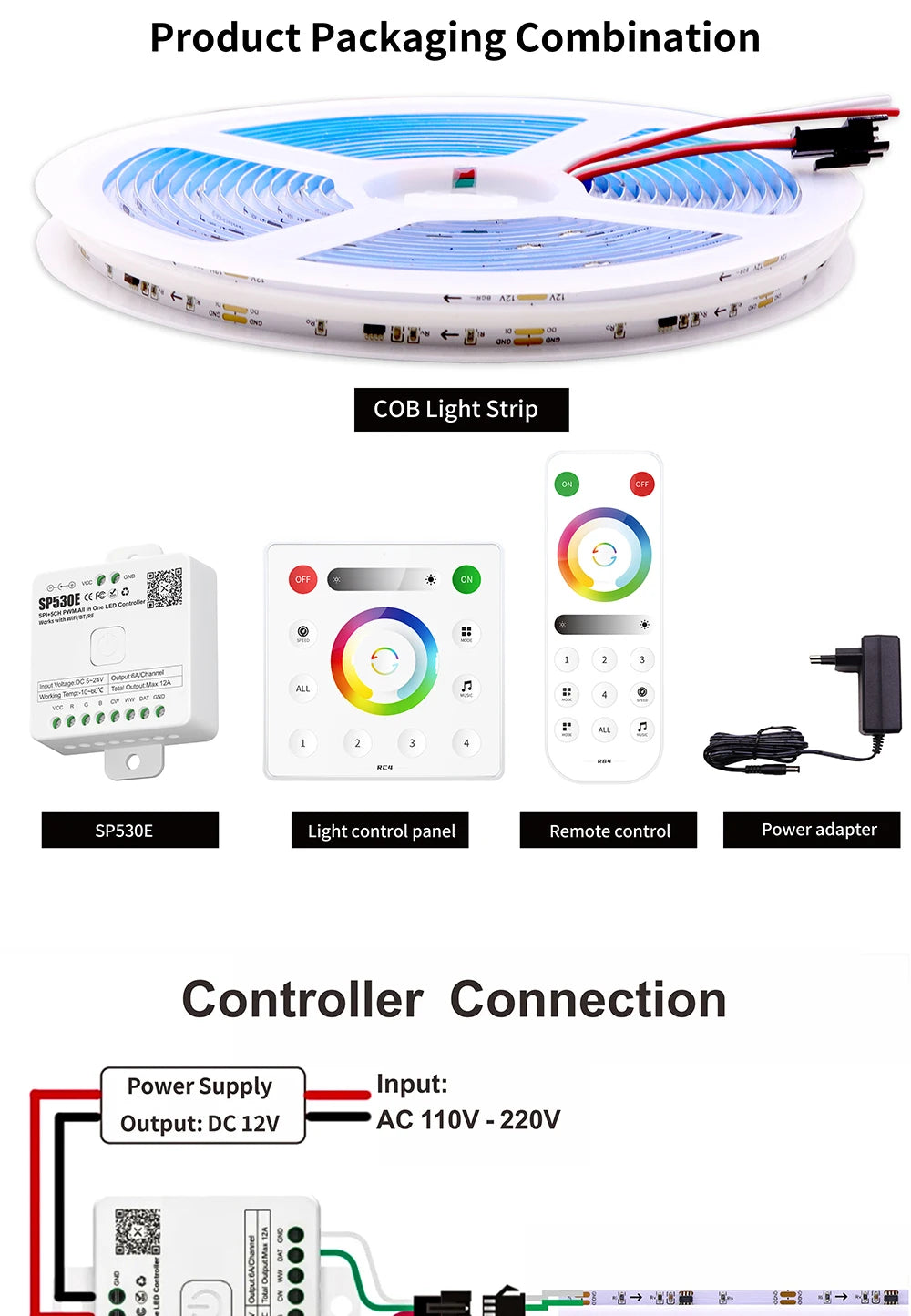 FCOB WS2811 tira de LED RGB COB direccionable 12v 24v 720LEDs/m SP530E 2,4 GHz controlador Bluetooth y control remoto RC3/RB3 1m2m3m4m5m conjuntos