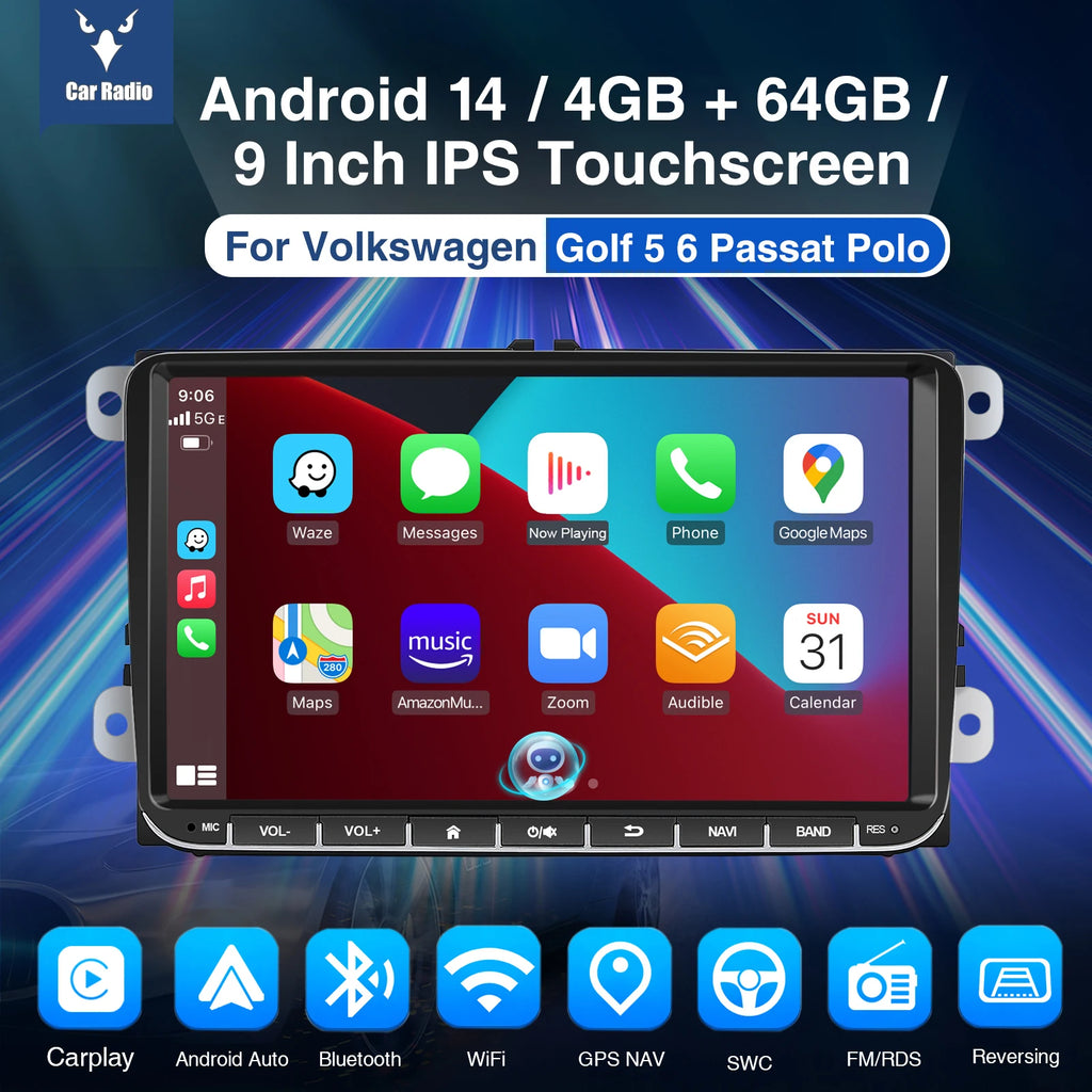 ESSGOO 9" Android 14 4G+64G Wireless Carplay Estéreo para Coche GPS NAVI WIFI RDS FM BT para VW Golf 5 6 Passat B6 B7 Polo 6R Touran Tiguan Caddy EOS Jetta T5 Seat Skoda