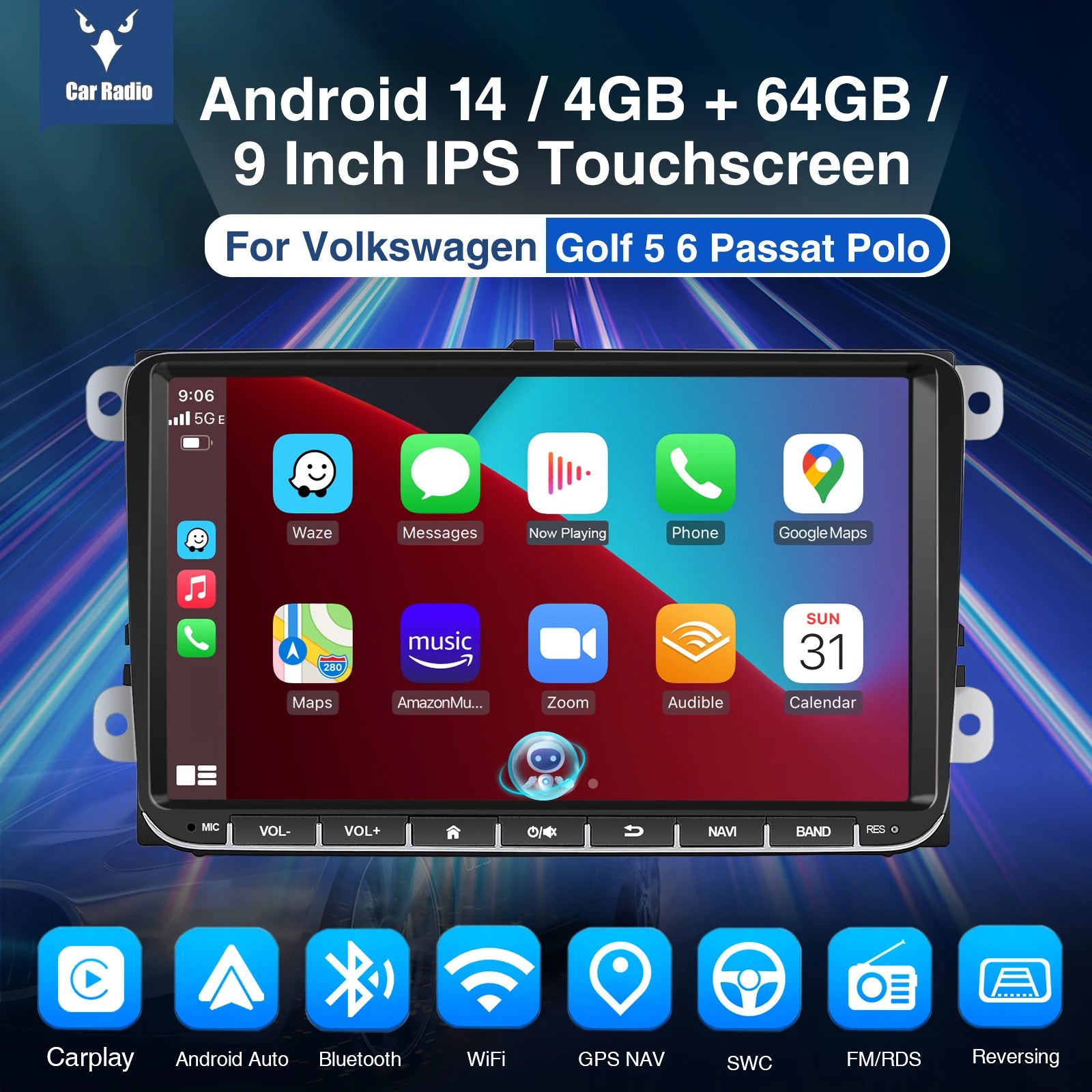 ESSGOO 9" Android 14 4G+64G Wireless Carplay Estéreo para Coche GPS NAVI WIFI RDS FM BT para VW Golf 5 6 Passat B6 B7 Polo 6R Touran Tiguan Caddy EOS Jetta T5 Seat Skoda