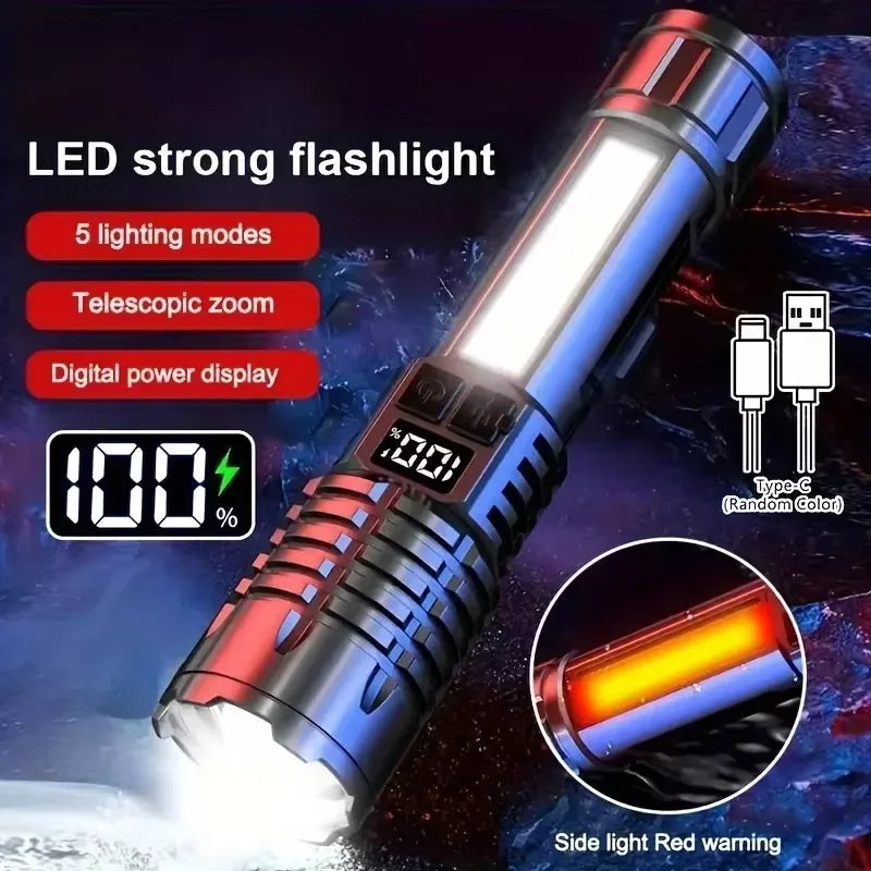 Linterna LED de alta potencia potente linterna COB recargable de TYPE-C con antorcha de luz lateral para acampar al aire libre senderismo