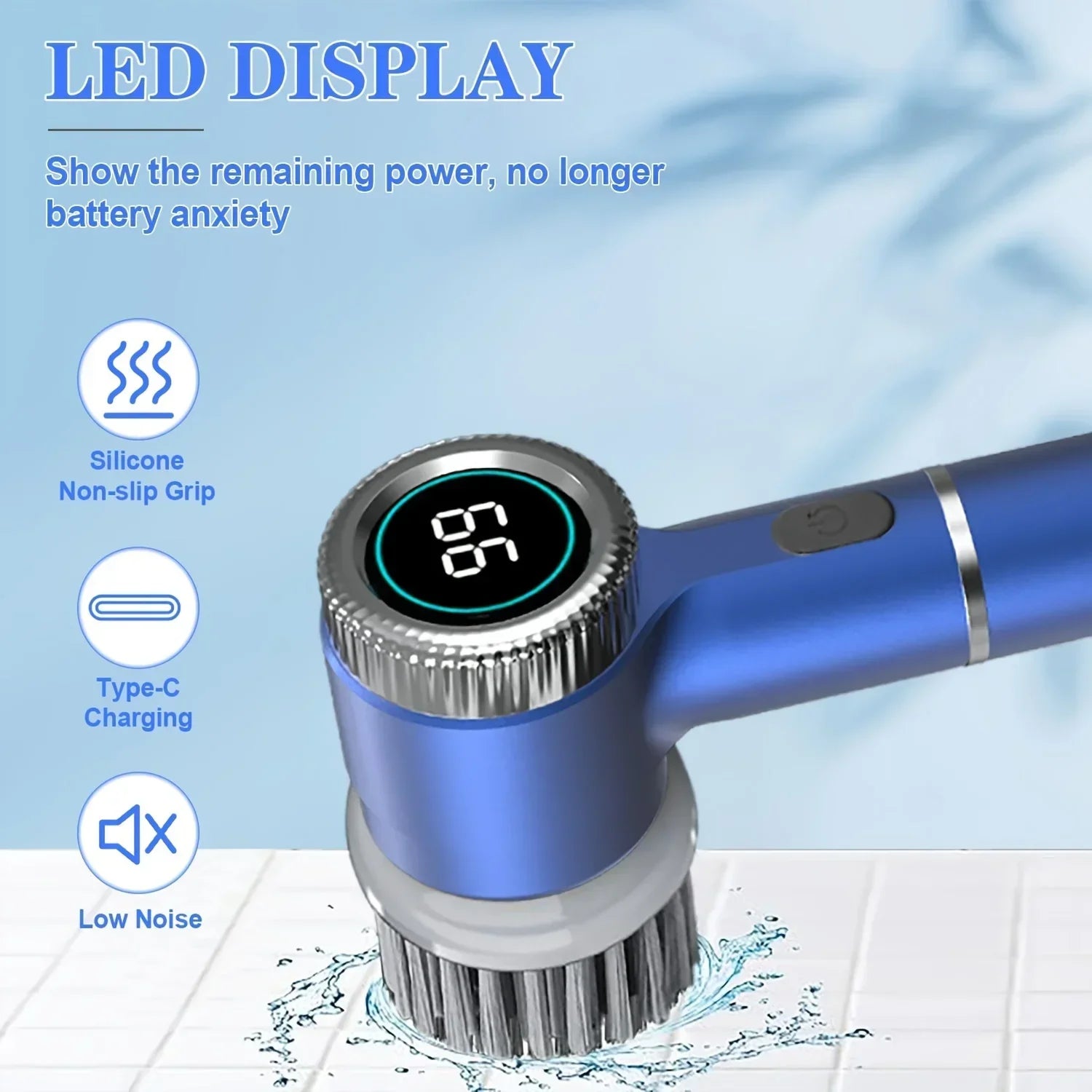 Cepillo de limpieza eléctrica multifuncional para cocina, baño, inodoro, cepillo de limpieza potente portátil, 5 cabezales, pantalla LED