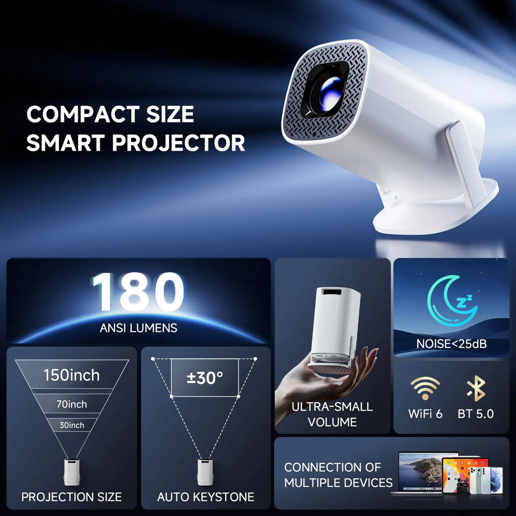 HONGTOP P30PRO Mini proyector inteligente Android 14 WiFi6 BT 5,0 compatible con 4K 1280*720P proyector portátil para exteriores de cine en casa inteligente