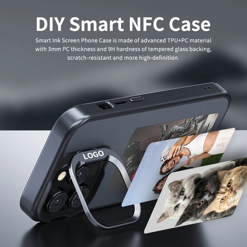 Nueva Funda Digital con pantalla de E ink de 4,0 pulgadas para iPhone 16 16e 15 14 13pro max NFC foto personalizada Funda trasera móvil con soporte