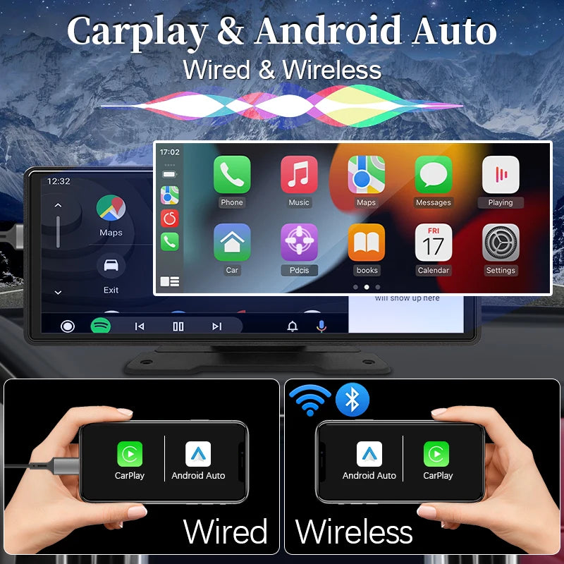 Reproductor de vídeo Multimedia con Radio para espejo de coche de 10,26 pulgadas, pantalla Universal inalámbrica Carplay Android Auto con Bluetooth AUX USB