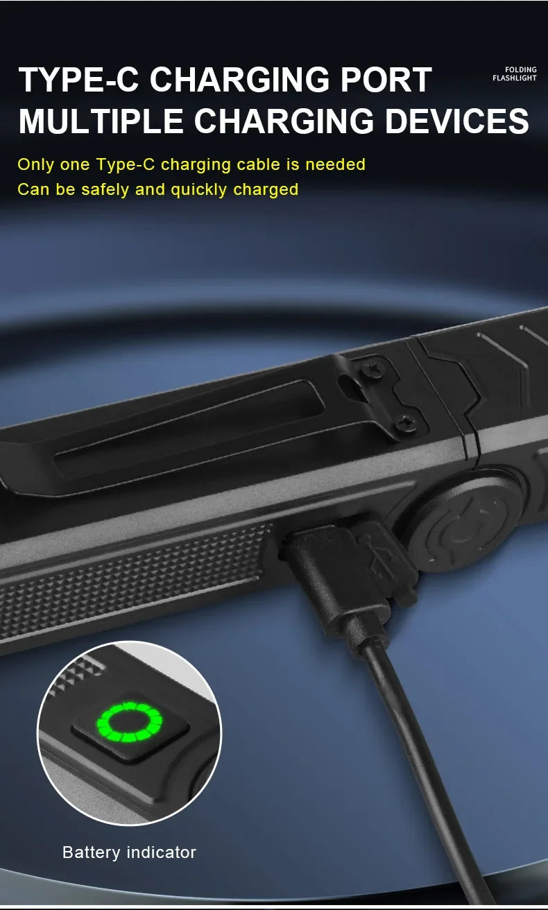 Luz de trabajo LED recargable por USB, linterna COB de 1000 lúmenes con indicador de capacidad de energía, linterna con mango para reparación de automóviles al aire libre