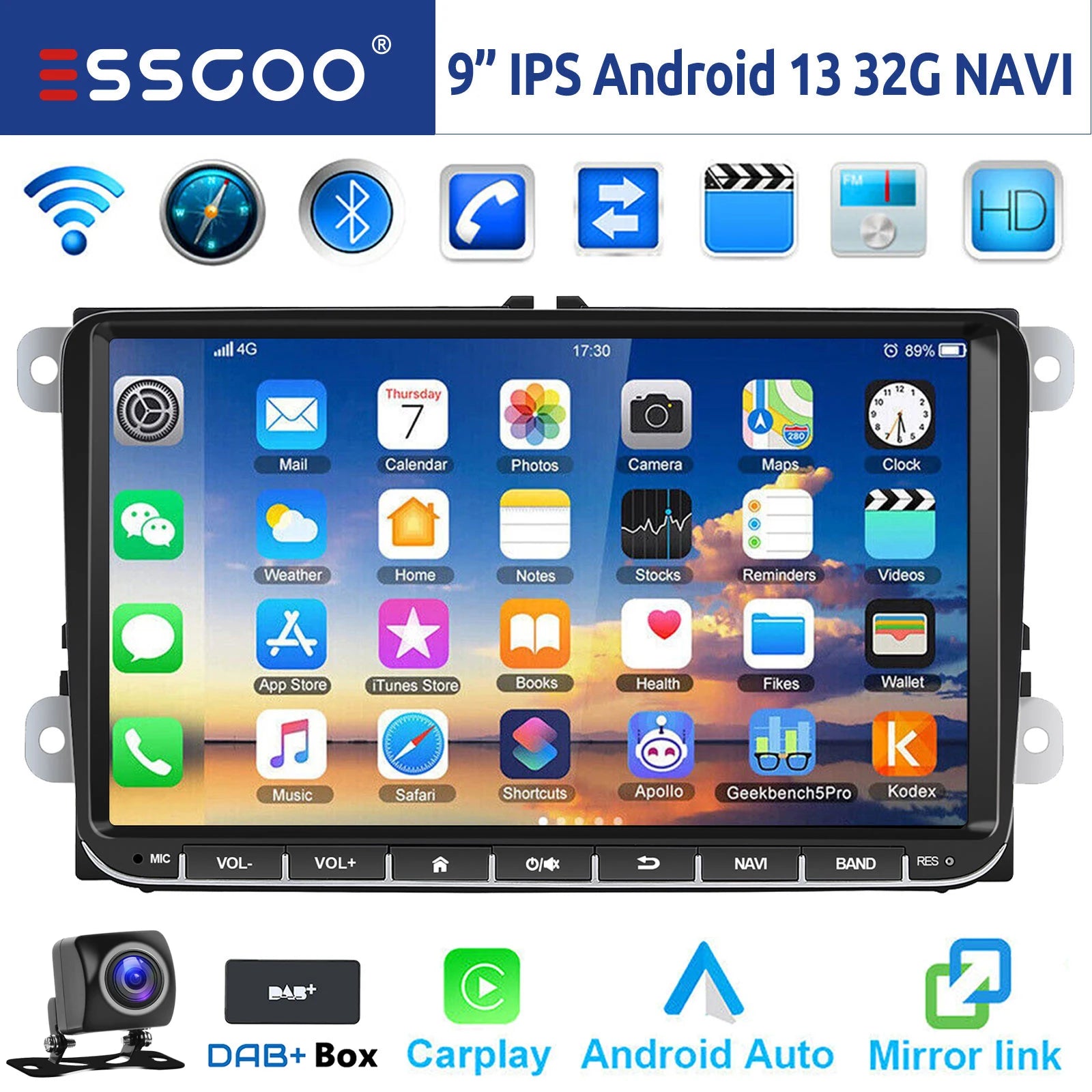 ESSGOO 9" Android 14 4G+64G Wireless Carplay Estéreo para Coche GPS NAVI WIFI RDS FM BT para VW Golf 5 6 Passat B6 B7 Polo 6R Touran Tiguan Caddy EOS Jetta T5 Seat Skoda