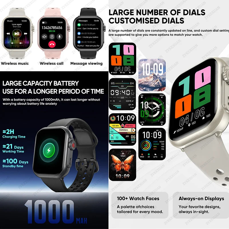 Reloj Inteligente Ultra 2 1000 mAh reloj inteligente hombres mujeres 1,85 pulgadas HD pantalla completamente táctil IP68 impermeable Bluetooth llamada Smartwatch